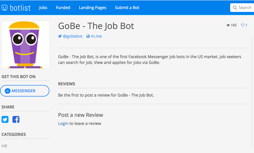 GoBe The Recruiting Chatbot on BotList